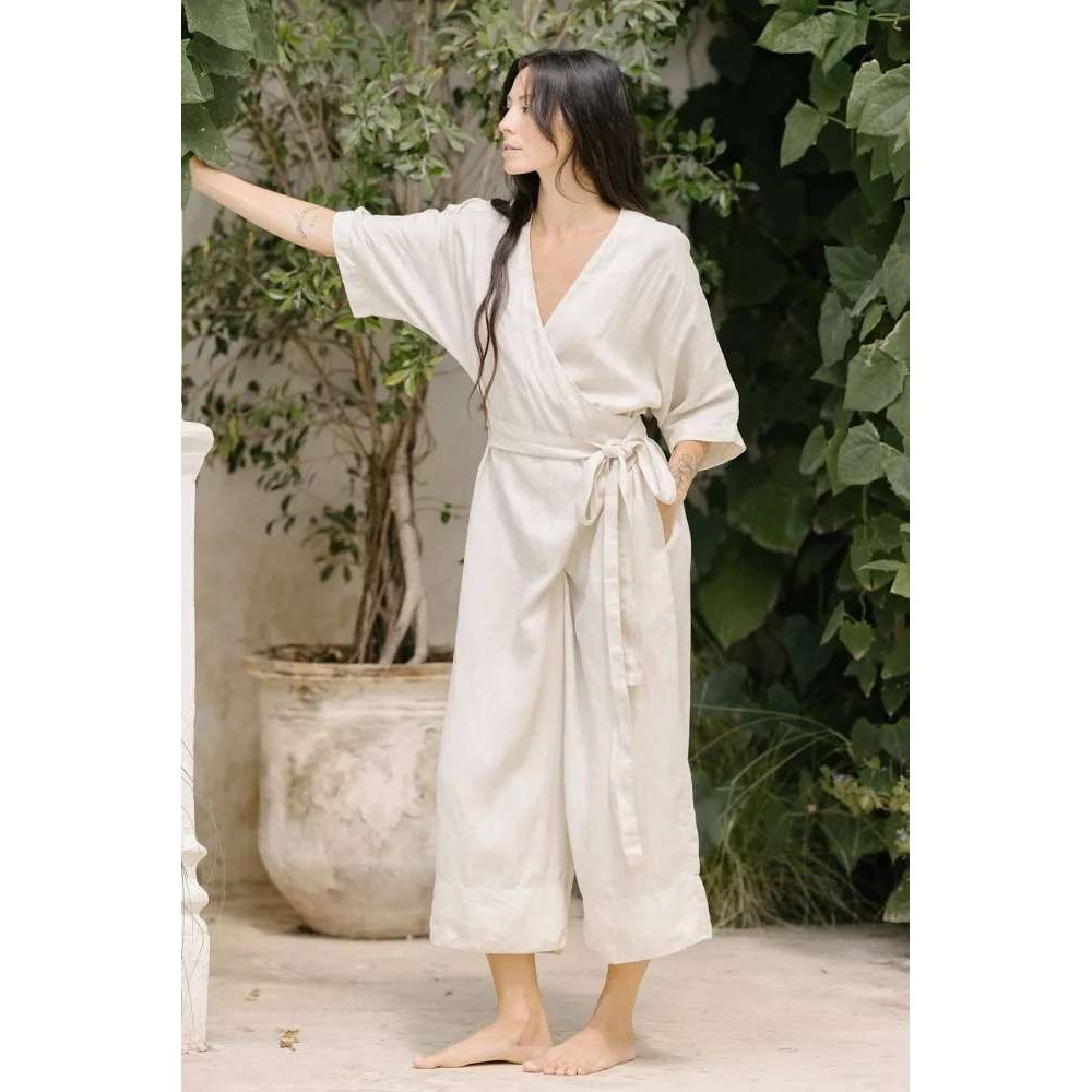 Myrah Penaloza White Rey Linen Playsuit Wide Leg Crop Jumpsuit Kimono Sleeve OS